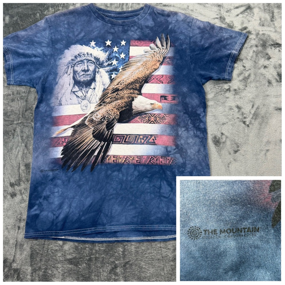 The Mountain 3D Mens M Blue Tie Dye Eagle Native American Flag T-Shirt Print USA